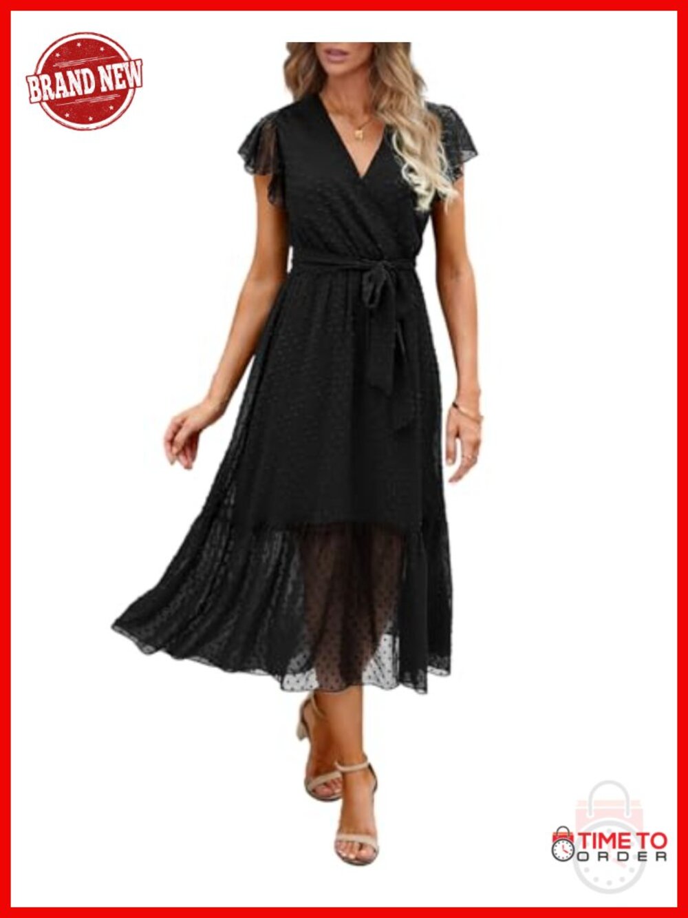 Women's Wrap V Neck Ruffle Cap Sleeve Belted Midi Dress A-Line Casual